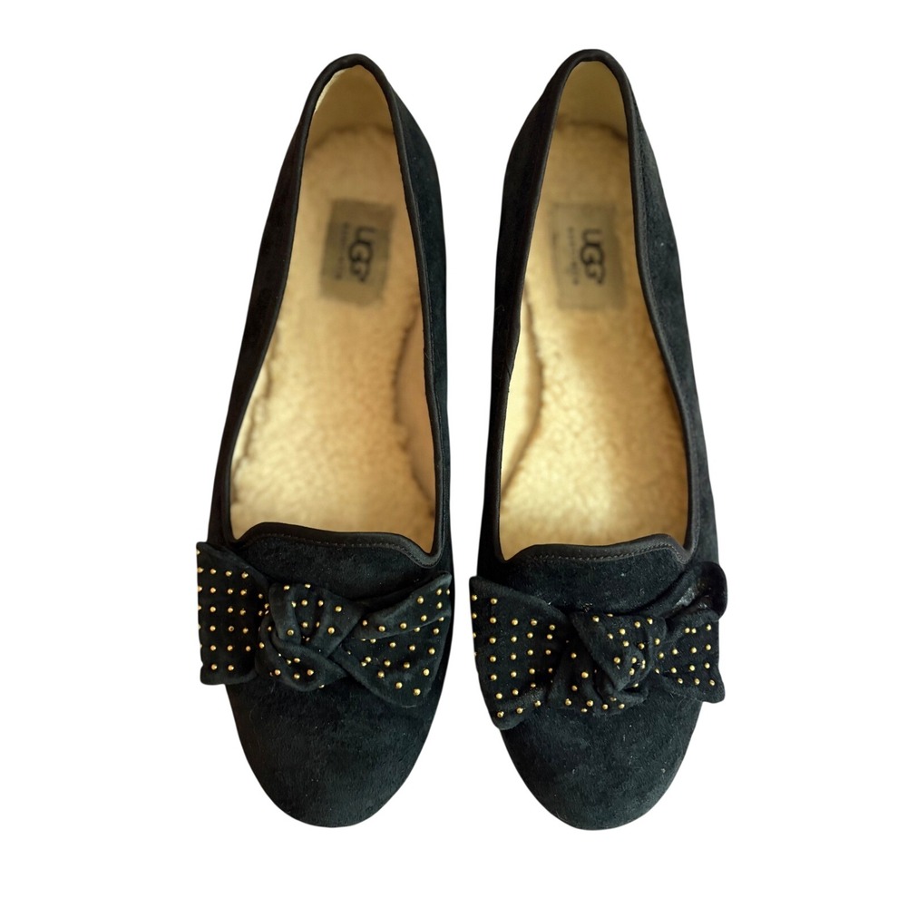 UGG Australia Alloway Studded Bow Black Suede Shearling Ballet Flats 1004766 10